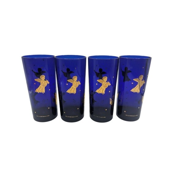 VTG Set 4 Cobalt Blue Cherub Culver Drinking Glass Tom Collins Barware 22K Gold - Picture 2 of 10